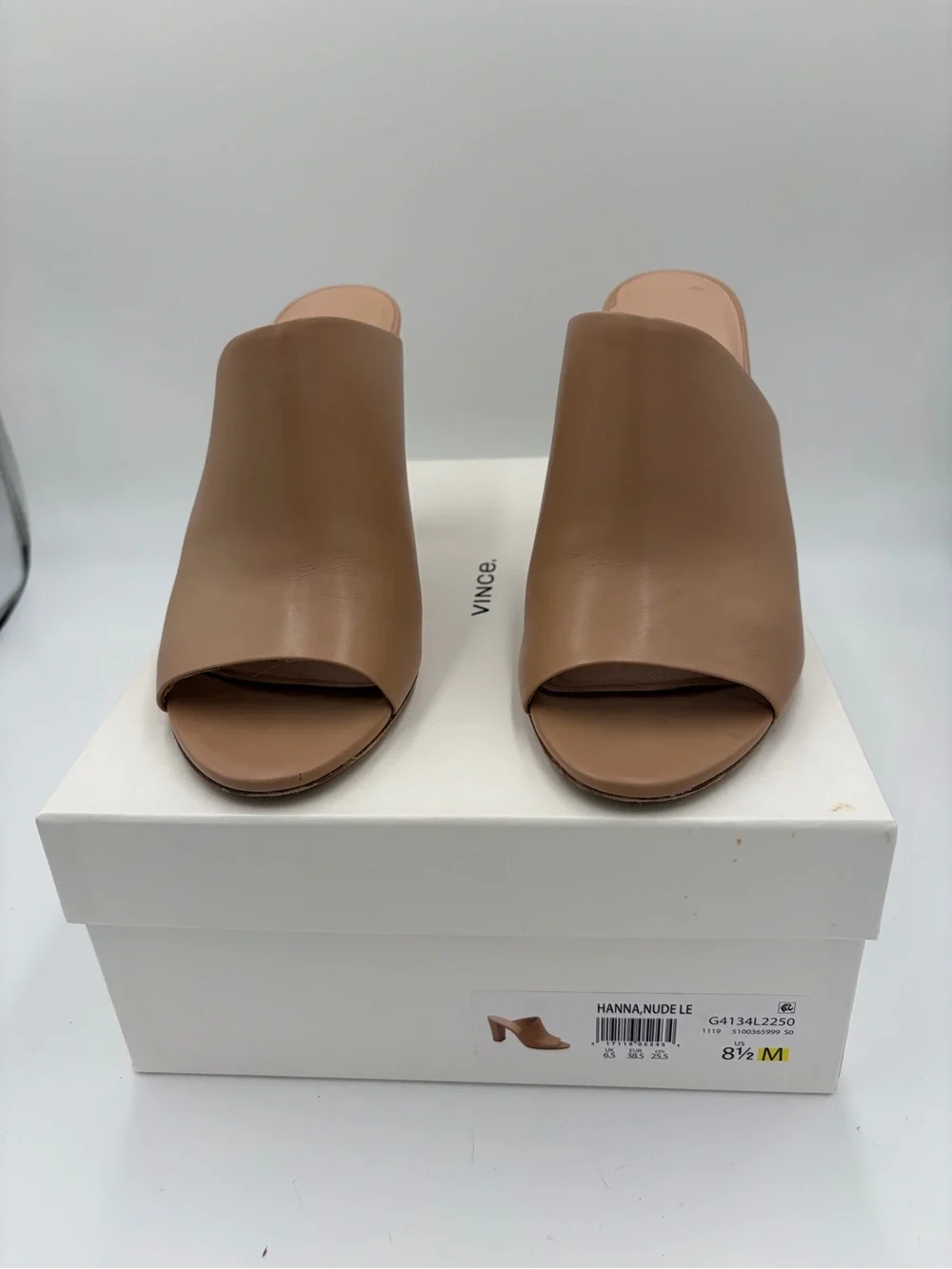 Vince Tan Leather Open-Toe Mules with Sculpted Heels Nude Preowned
